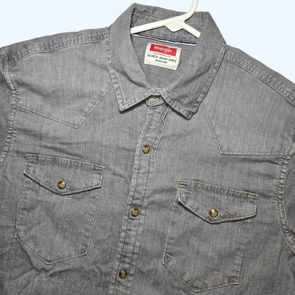 Wrangler Denim Western Pearl Snap Shirt Long Sleeve Mens Medium Gray Cowboy